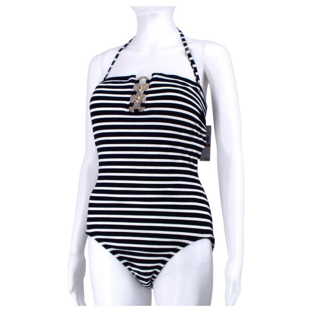 Michael Kors Swimsuit Womens 12 One Piece Halter Monokini Stripe Black White - Picture 4 of 12